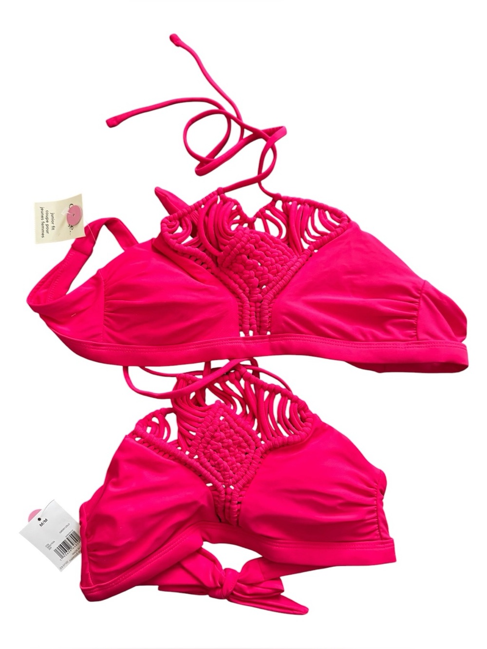 George Hot Pink Macrame Halter Bikini Top NWT Lot of 2 M/M Junior Fit